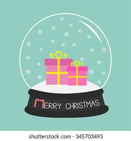 Gift box set  Crystal ball with snowflakes.  Blue background. Merry Christmas card Flat design  Vector illustration