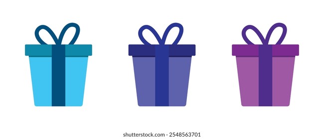 Gift box set. Gift box with cyan, blue, purple color for holiday celebration, special sales offer, birthday celebration. Anniversary box with wrapping paper and ribbon bow