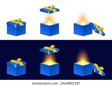 Caja de regalo con luz de explosión para el juego, App, monedas u otros bonos y ganancias. Cajas azules abiertas y cerradas con lazo. Elementos Video Web para móviles, Caja de regalo con bonificación. Vector.