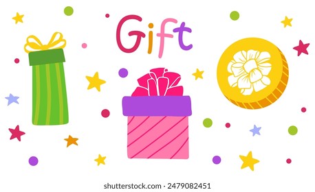 gift box set. flat design vector illustration isolated on white. Holiday present decorated with ribbon bow for Surprise, gift, holiday, birthday, anniversary, Gratitude theme illustration. 