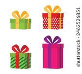 Gift box set of four colorful vector illustration. Gift box with ribbon in green, red and pink color flat style. New year or Christmas present, gift box. Vector Gift.