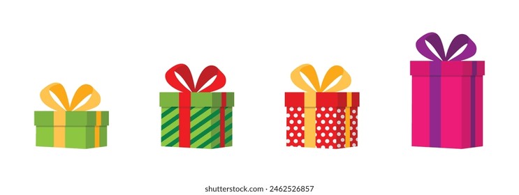 Caja de regalo conjunto de cuatro en color verde, rojo y rosa en varios tamaños de Ilustración vectorial. Caja de regalo con estilo plano de cinta. Nuevo año o regalo de Navidad, caja de regalo. Regalo de Vector.