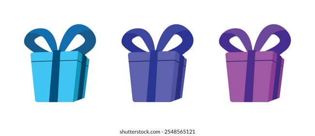 Gift box set. Gifts and presents with cyan, blue, purple color for holiday celebration, special sales offer, birthday celebration. Anniversary box with wrapping paper and ribbon bow.