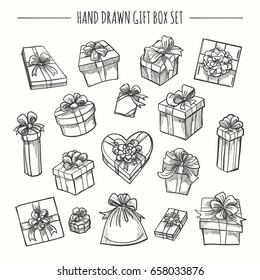 Gift Box Set In Hand Drawn Style. Sketch Outline Present Boxes Isolated On White Background