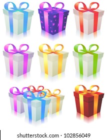 Gift Box Set/ Illustration of a set of cartoon gift box with multicolored ribbons for birthdays,  christmas celebration, holidays
