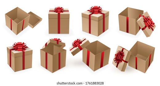 Gift box set. Isolated realistic empty open and closed cardboard boxes with red ribbon bow icon. Vector present package for birthday or Christmas holiday gift on white background