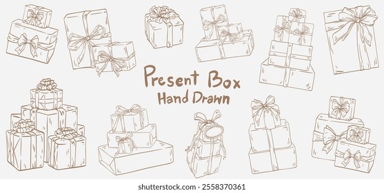 Gift box set line icon of christmas and new year design in doodle style. hand drawn holiday vector collection.