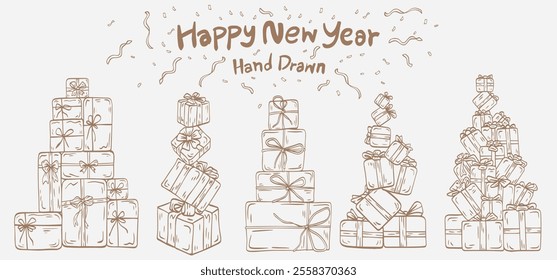 Gift box set line icon of christmas and new year design in doodle style. hand drawn holiday vector collection.