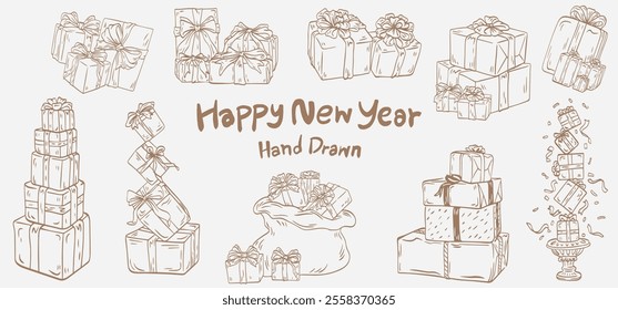 Gift box set line icon of christmas and new year design in doodle style. hand drawn holiday vector collection.
