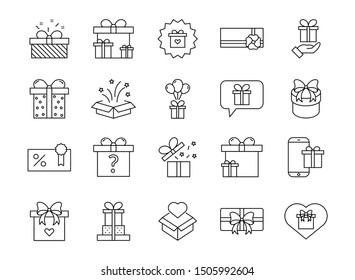 Gift box set line icons. Present box, present, discount offer, gift card. Vector outline signs for birthday, christmas, New Year surprise