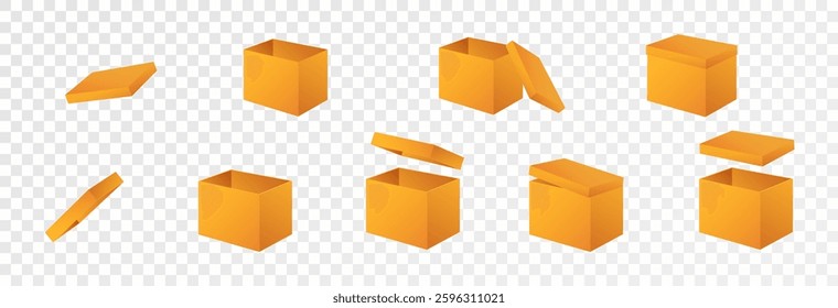 Gift Box Set, open and closed. Set of Christmas boxes with ribbons, bows and surprises, vector png.
