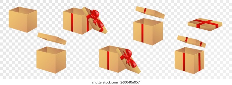Gift Box Set, open and closed. Set of Christmas boxes with ribbons, bows and surprises, vector png.