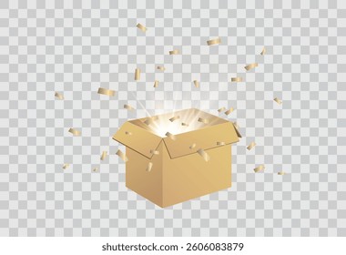 Gift Box Set, open and closed. Set of Christmas boxes with ribbons, bows and surprises, vector png.