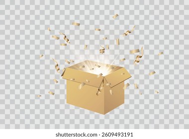 Gift Box Set, open and closed. Set of Christmas boxes with ribbons, bows and surprises, vector png.