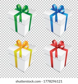 Caja de regalo con cintas de color abierto rojo, azul, verde, dorado aisladas sobre fondo transparente a cuadros. Ilustración vectorial. Archivo vectorial Eps 10.