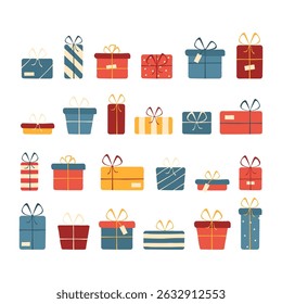 Gift box set. Present box vector set. Surprise present with ribbon sign. Gift package isolated icon set. Cartoon flat design gift box.