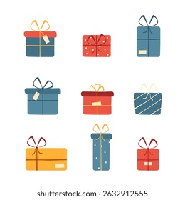 Gift box set. Present box vector set. Surprise present with ribbon sign. Gift package isolated icon set. Cartoon flat design gift box.