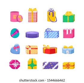 Gift Box set. Present wrapped gift box differents shapes with ribbons and bows. Colorful Box for the holidays - Valentine's Day, birthday, Christmas, anniversary cartoon vector illustration