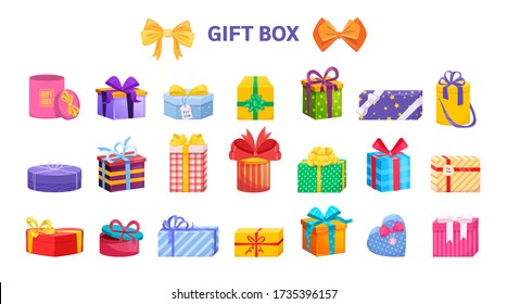 Gift Box set. Present wrapped gift box differents shapes with ribbons and bows. Colorful Box for the holidays - Valentine's Day, birthday, Christmas, anniversary cartoon vector illustration