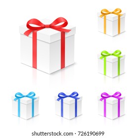 Gift box set with red, gold, blue, green and purple color bow knot, ribbon isolated on white background. Happy birthday, Christmas, New Year, Wedding package concept. Closeup Vector 3d illustration