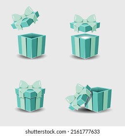 Gift box set with ribbon bow isolated on a white background. render flying modern holiday open surprise box. Realistic vector icon for present, birthday or wedding banners