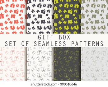 Gift box. Set seamless patterns. Festive pattern for wrapping paper, wallpaper, tiles, fabrics, backgrounds. Vector illustration.