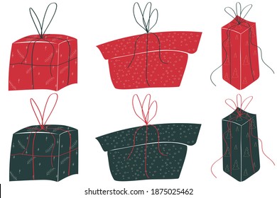 The gift box set sketch vector illustrations, bright red and dark boxes with bows, Christmas present and new year box design