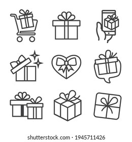 Gift box set vector icons. Logo illustration signs. Holiday shopping concept for birthday, box with bow, surprise packaging. Gift box linear style pictograms for web, mobile app, ui design.
