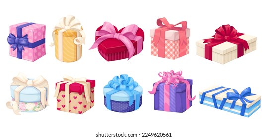 Gift box set vector illustration. Cartoon isolated cute surprise presents collection, closed paper gift packages with different geometric shapes and patterns on wrapping, sizes and festive color