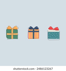 Gift box set. Vector illustration in flat style. Isolated on blue background.