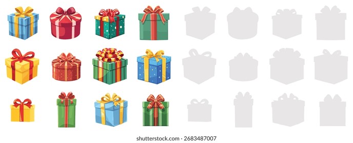 Gift box set vector illustration collection of colorful present packages with ribbons and bows, holiday celebration design isolated on white background