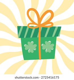 Caja de regalo con patrón de trébol y cinta. Alegre ilustración para saludos, promociones y empaques festivos del Día de San Patricio.