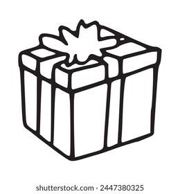 Gift in a box shape with a bow tie simple outline illustration. Single gift box contour sketch ready for surprise hand drawn logo. Birthday present and dessert pen drawing detail and decoration logo.