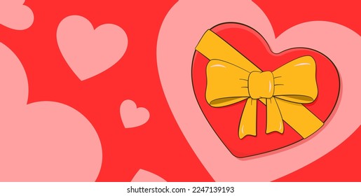 Gift box in shape of the heart and background with hearts. Design for valentine's day, birthday, wedding, engagement etc. Vector illustration
