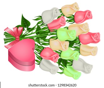 Gift box in the shape of heart and bouquet of roses. Realistic vector, holiday design, isolated.