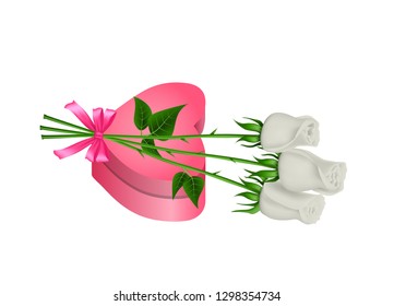 Gift box in the shape of heart and bouquet of white roses. Realistic vector, holiday design, isolated.