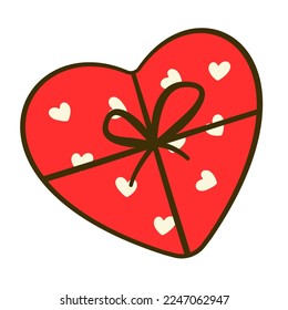 Caja de regalo en forma de corazón con arco y cinta. Icono de caricatura. Ilustración del vector