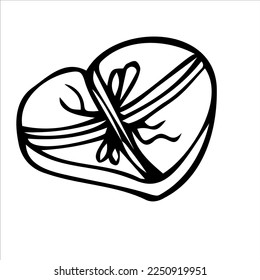 Caja de regalo en forma de corazón con arco. Regalo empaquetado. Ilustración de vectores dibujada a mano en blanco y negro. Doodles, diseño de plantilla, logotipo, icono, diseño, clipart.
