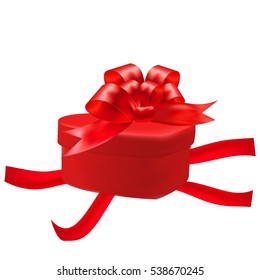 Gift box in the shape of a heart with a red bow on a white background. Red ribbons. Vector illustration