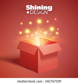 Gift box with shining light & stars. Vector illustration