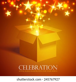 Gift box with shining light & stars. Vector illustration