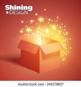 Gift box with shining light & stars. Vector illustration 