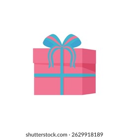 Gift box with shiny ribbon and colorful packaging for christmas or birthday celebration on flat background with holiday greeting card and winter decoration design in seasonal concept vector style

