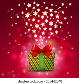 gift box and shiny star on magic red tone background, vector illustration