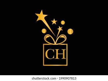 Gift Box, gift shop letter alphabet C H logo icon in gold or golden color for Luxury brand design for company and business