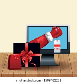 Gift box, shopping bag and computer over wooden and white background, colorful design, vector illustration