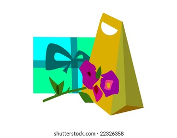 gift box, shopping bag and flowers for any occasion