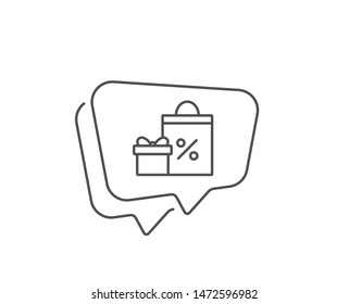 Gift box with Shopping bag line icon. Chat bubble design. Present or Sale sign. Birthday Shopping with Discounts symbol. Package in Gift Wrap. Outline concept. Thin line shopping icon. Vector