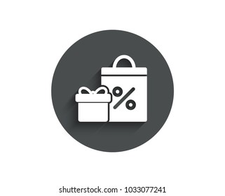 Gift box with Shopping bag simple icon. Present or Sale sign. Birthday Shopping with Discounts symbol. Package in Gift Wrap. Circle flat button with shadow. Vector