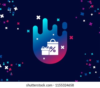 Gift box with Shopping bag simple icon. Present or Sale sign. Birthday Shopping with Discounts symbol. Package in Gift Wrap. Cool banner with icon. Abstract shape with gradient. Vector